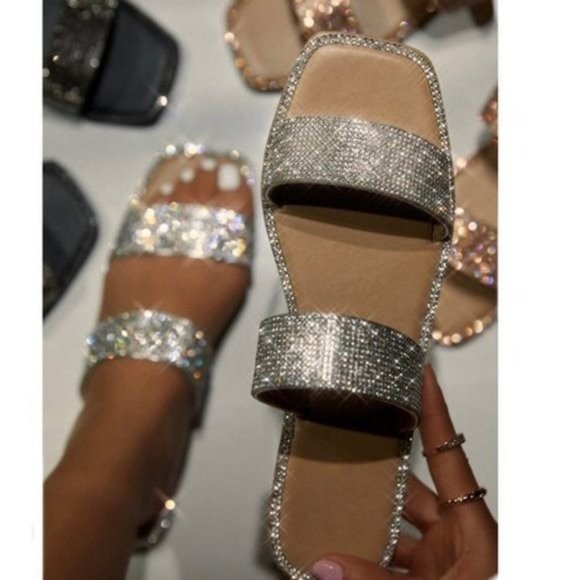 !! NEW !! Embellished Double Strap Square Toe Sandals in Silver - Picture 12 of 12